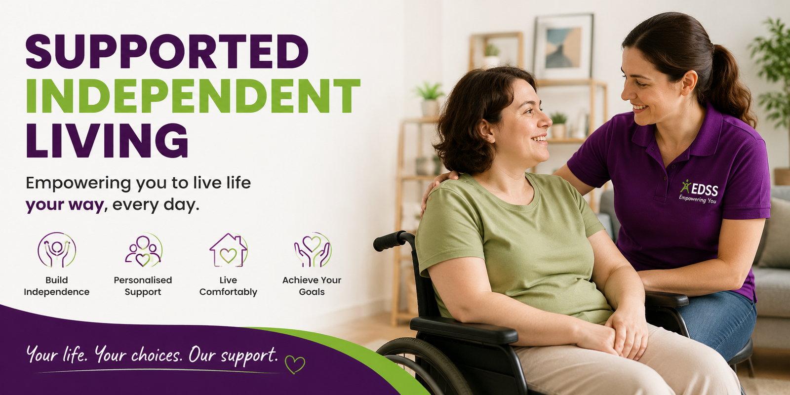 Supported Independent Living (SIL) participant receiving personalised disability support from a professional caregiver at home.